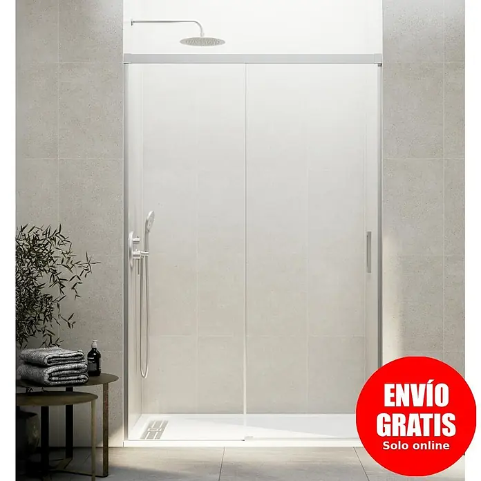 GME Mampara de ducha frontal Basic - 180 x 196 cm, Vidrio transparente, Nickel - Mampara de ducha moderna con puertas correderas de cristal transparente y plato de ducha blanco de perfil bajo en un baño.