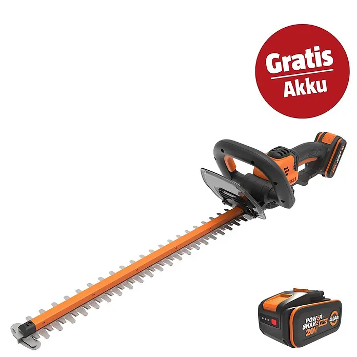 Worx PowerShare 20V Maschinenpaket - Akku-Heckenschere WG264E PowerShare & 20V, 4 Ah Akku Pro WA3666 - Orange-schwarze Akku-Heckenschere mit Akku, inklusive 'Gratis Akku' Aktion.