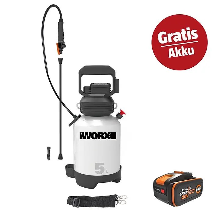 Worx PowerShare 20V Maschinenpaket - Akku-Sprühgerät WG829E.9 & 20V, 4 Ah Akku Pro WA3681 - Worx weiß-schwarzer 5L Gartensprüher mit Schlauch, Düse, Schultergurt und einem orange-schwarzen 20V 4.0Ah PowerShare Pro Akku. Roter „Gratis Akku“ Aufkleber.