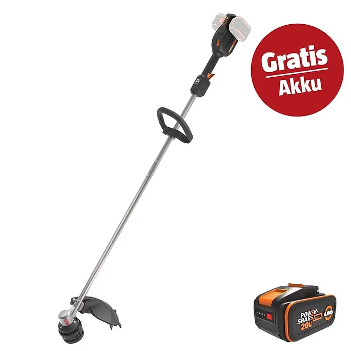 Worx PowerShare 20V Maschinenpaket - Akku-Rasentrimmer WG185E.9 & 20V, 4 Ah Akku Pro WA3686 - Akku-Rasentrimmer in Schwarz-Orange, mit einem 20V 4.0Ah Power Share Pro Akku und rotem Kreis mit "Gratis Akku" Aufschrift.