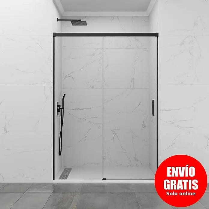 GME Mampara de ducha frontal Basic Plus - 140 x 196 cm, Vidrio transparente, Negro - Ducha moderna con mampara de cristal de marco negro, cabezal de ducha y grifo negros en un baño alicatado.