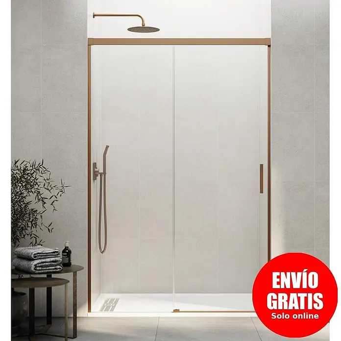 GME Mampara de ducha frontal Basic - 160 x 196 cm, Vidrio transparente, Cobre - Mampara de ducha con marco de oro rosa y puertas correderas de cristal, con conjunto de ducha a juego, en un baño moderno.