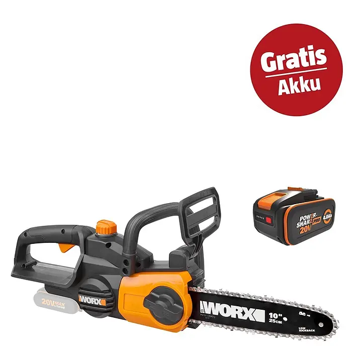 Worx PowerShare 20V Maschinenpaket - Akku-Kettensäge WG322E.9 & 20V, 4 Ah Akku Pro WA3647 - Schwarze und orangefarbene WORX 20V Akku-Kettensäge mit 10-Zoll-Schwert und separatem 4,0Ah Akku, mit „Gratis Akku“-Hinweis.