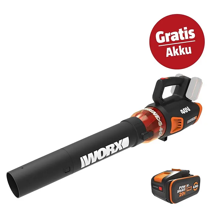 Worx PowerShare 20V Maschinenpaket - Akku-Laubbläser WG584E.9 & 20V, 4 Ah Akku Pro WA3655 - Schwarzer und oranger Worx 40V Laubbläser mit zwei Akkus, inklusive gratis 20V 4.0Ah PowerShare Pro Akku.