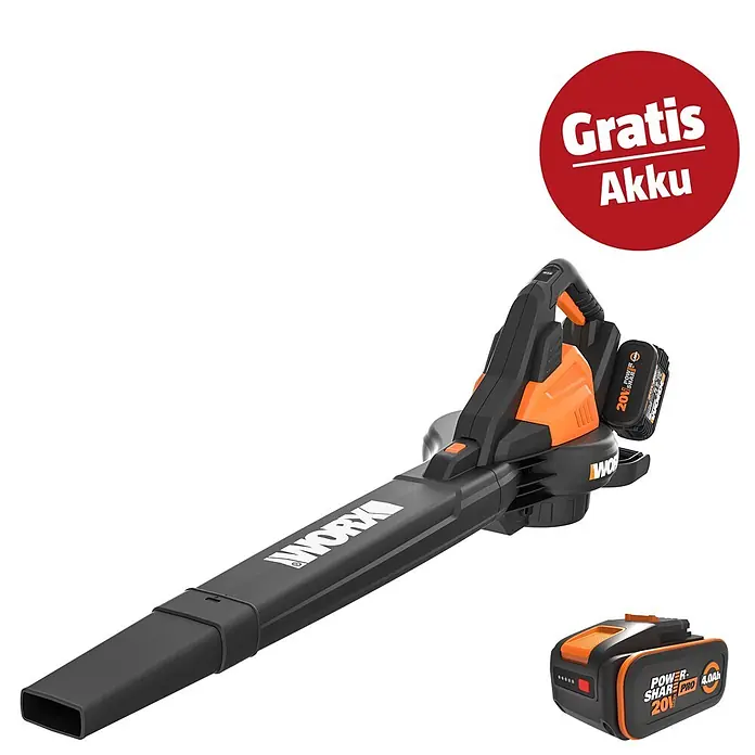 Worx PowerShare 20V Maschinenpaket - Akku-Laubsauger & -Laubbläser WG583E.9 & 20V, 4 Ah Akku Pro WA3663 - Schwarz-oranger Akku-Laubbläser mit angebrachtem Akku und einem zusätzlichen Akku, der ein 'Gratis Akku'-Angebot hervorhebt.