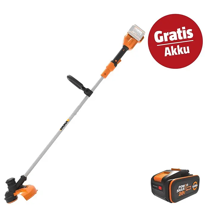 Worx PowerShare 20V Maschinenpaket - Akku-Rasentrimmer WG183E.9 & 20V, 4 Ah Akku Pro WA3664 - Orange-schwarzer Worx Akku-Rasentrimmer mit 20V Akku und 'Gratis Akku' Angebot.