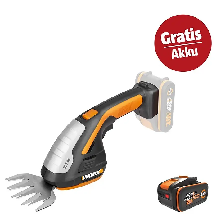 Worx PowerShare 20V Maschinenpaket - Akku-Gras- & Strauchschere WG801E.9 & 20V, 4 Ah Akku Pro WA3665 - WORX Akku-Grasschere in Schwarz-Orange mit silbernen Klingen, betrieben mit 20V Akku. Inklusive zusätzlichem 20V 4.0Ah Akku.