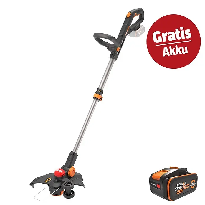 Worx PowerShare 20V Maschinenpaket - Akku-Rasentrimmer WG173E.9 & 20V, 4 Ah Akku Pro WA3673 - Ein schwarz-oranger Akku-Rasentrimmer mit einem 20V 4.0Ah Akku und einem roten „Gratis Akku“-Angebotsschild.