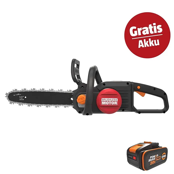 Worx PowerShare 20V Maschinenpaket - Akku-Kettensäge WG350E.9 & 20V, 4 Ah Akku Pro WA3675 - Schwarze Akku-Kettensäge (12"/30cm) mit bürstenlosem Motor, 20V 4.0Ah Akku und gratis Zweitakku.