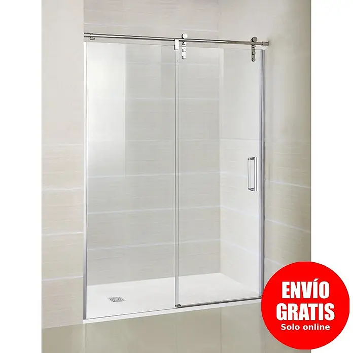 GME Mampara de ducha frontal Moving - 135 x 199 cm, Espesor de vidrio: 8 mm, Cromo - Mampara de ducha corredera de cristal transparente con herrajes cromados, instalada en un baño de azulejos claros.
