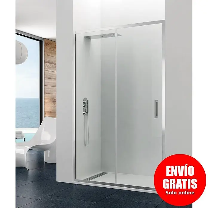 GME Mampara de ducha frontal Prestige - 100 x 195 cm, Anodizado, Espesor de vidrio: 8 mm, Plata brillo - Mampara de ducha moderna con puertas correderas de cristal y marco cromado en un baño con vistas al mar. Incluye texto 'Envío Gratis Solo online'.