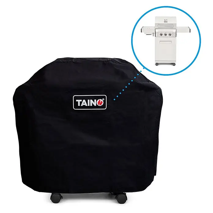 TAINO Grill-Schutzhülle - Passend für: geeignet für die Modelle PLATINUM 2+1 und BLACK 2+1, Oxford-Polyester, Schwarz - Schwarze TAINO Grillabdeckung mit Logo. Einsatz zeigt den geschützten Grill.