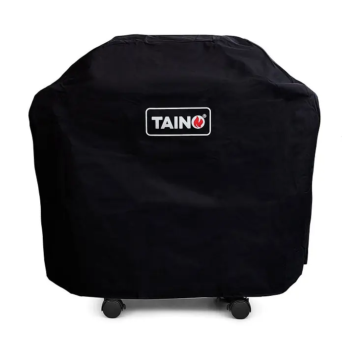 TAINO Grill-Schutzhülle - Passend für: geeignet für die Modelle PLATINUM 2+1 und BLACK 2+1, Oxford-Polyester, Schwarz - Schwarze Grillabdeckung mit TAINÖ-Logo, die einen Grill auf Rädern schützt.