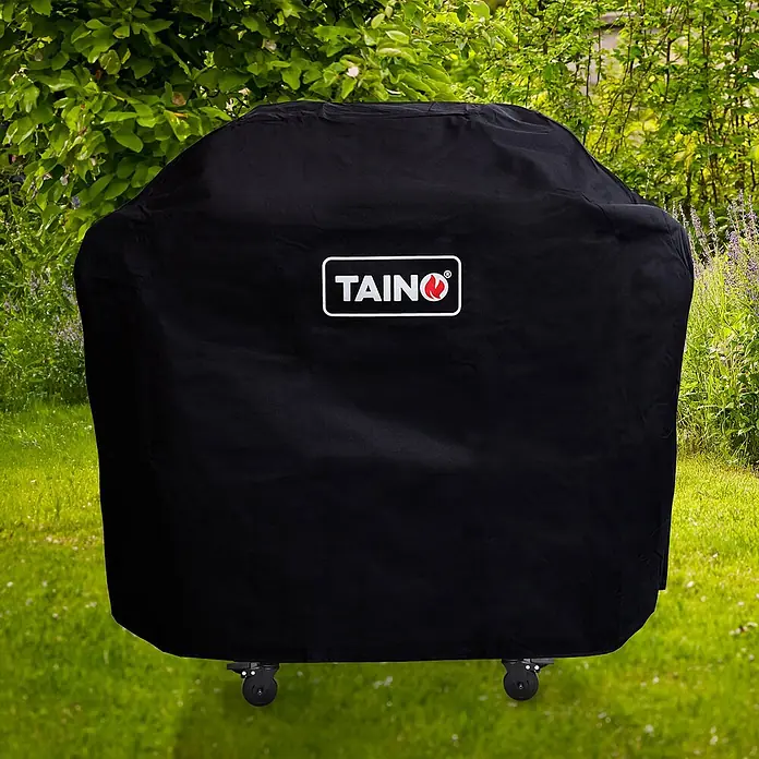 TAINO Grill-Schutzhülle - Passend für: geeignet für die Modelle PLATINUM 2+1 und BLACK 2+1, Oxford-Polyester, Schwarz - Schwarze TAINO Grillabdeckung schützt einen Grill, mit sichtbaren Rollen am Boden.
