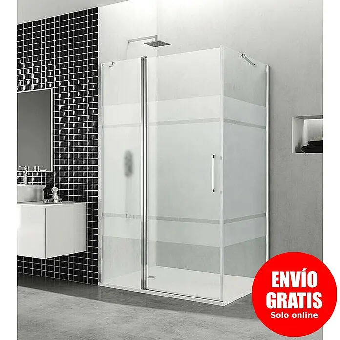 GME Mampara de ducha esquinera Open Combi C frontal + lateral - L x An x Al: 80 x 105 x 195 cm, Plata brillo, L x An x Al: 70 x 855 (30/55) x 195 cm - Mampara de ducha de cristal esmerilado con secciones transparentes, perfil cromado y plato blanco en baño moderno.