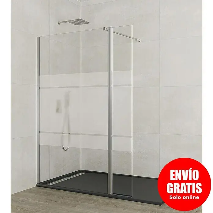 GME Pieza de unión para mampara Screen - 25 x 195 cm, Espesor: 8 mm, Vidrio serigrafiado, Plata brillo - Cabina de ducha moderna con paneles de cristal esmerilado, marco cromado y plato de ducha gris oscuro.