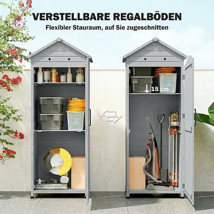 Outsunny Geräteschrank - Außenbreite inkl. Dachüberstand: 85 cm, Außentiefe inkl. Dachüberstand: 58 cm, Holz, Grau - Grauer Outdoor-Aufbewahrungsschrank mit verstellbaren Regalböden für flexible Organisation von Werkzeugen und Gegenständen.
