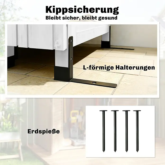 Outsunny Geräteschrank - Außenbreite inkl. Dachüberstand: 85 cm, Außentiefe inkl. Dachüberstand: 58 cm, Holz, Weiß - Kippsicherung mit schwarzen L-förmigen Halterungen für Möbel und schwarzen Erdspießen.