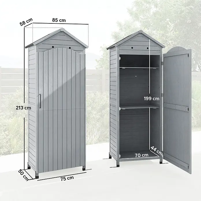 Outsunny Geräteschrank - Außenbreite inkl. Dachüberstand: 85 cm, Außentiefe inkl. Dachüberstand: 58 cm, Holz, Grau - Grauer Garten-Geräteschuppen mit Maßen, geschlossen und offen mit Regalen gezeigt.