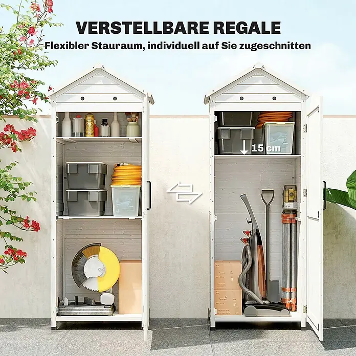 Outsunny Geräteschrank - Außenbreite inkl. Dachüberstand: 85 cm, Außentiefe inkl. Dachüberstand: 58 cm, Holz, Weiß - Vielseitiger weißer Gartenschrank mit verstellbaren Regalböden, zur Aufbewahrung verschiedener Gartenwerkzeuge und Gegenstände.