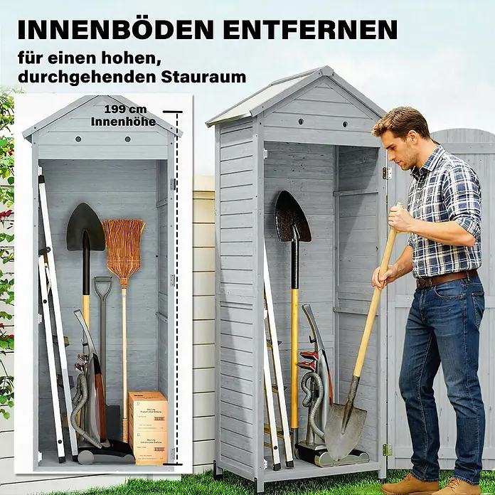 Outsunny Geräteschrank - Außenbreite inkl. Dachüberstand: 85 cm, Außentiefe inkl. Dachüberstand: 58 cm, Holz, Grau - Hoher, grauer Holz-Gartenschuppen mit 199 cm Innenhöhe, zeigt Lagerung von Gartengeräten und einen Mann, der Werkzeuge verstaut.