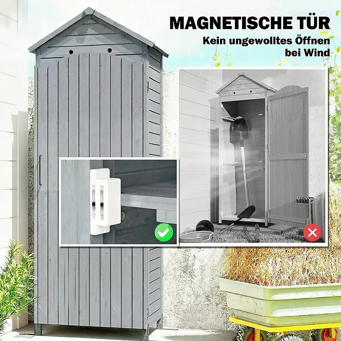 Outsunny Geräteschrank - Außenbreite inkl. Dachüberstand: 85 cm, Außentiefe inkl. Dachüberstand: 58 cm, Holz, Grau - Grauer Holzgartenschuppen mit Magnettür, die ein ungewolltes Öffnen bei Wind verhindert.