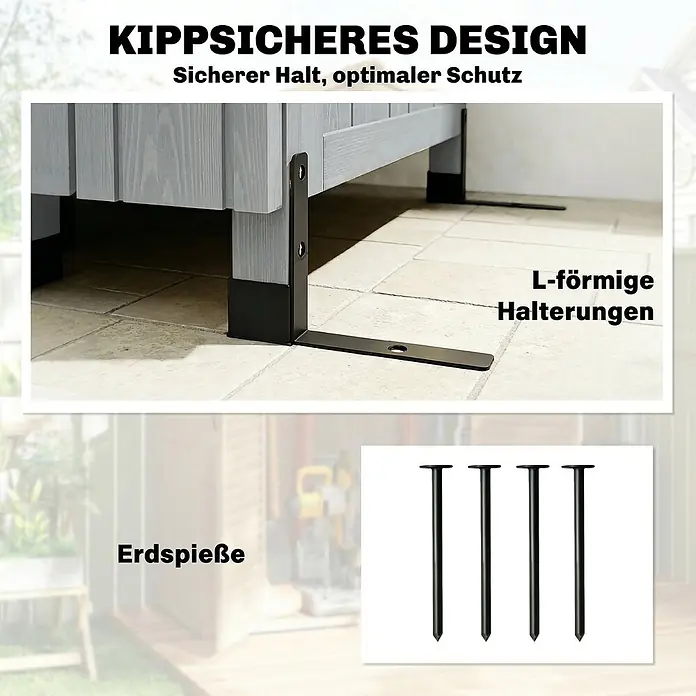 Outsunny Geräteschrank - Außenbreite inkl. Dachüberstand: 85 cm, Außentiefe inkl. Dachüberstand: 58 cm, Holz, Grau - Schwarze L-förmige Kippsicherungshalterungen und Erdspieße stabilisieren eine helle Holzkonstruktion im Freien.