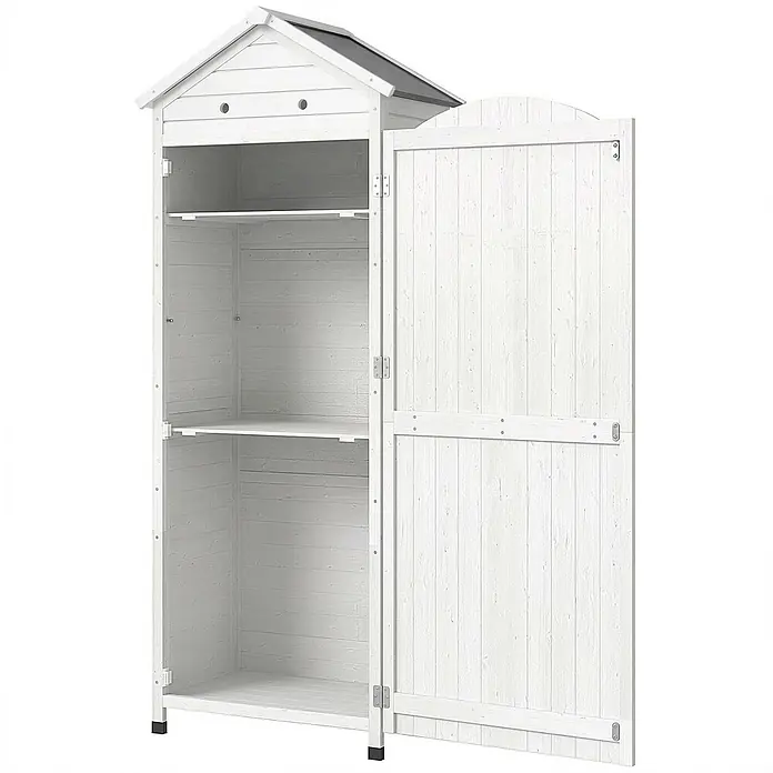 Outsunny Geräteschrank - Außenbreite inkl. Dachüberstand: 85 cm, Außentiefe inkl. Dachüberstand: 58 cm, Holz, Weiß - Weißer Holz-Gartenschrank mit Giebeldach und zwei Ablageflächen, Tür offen.
