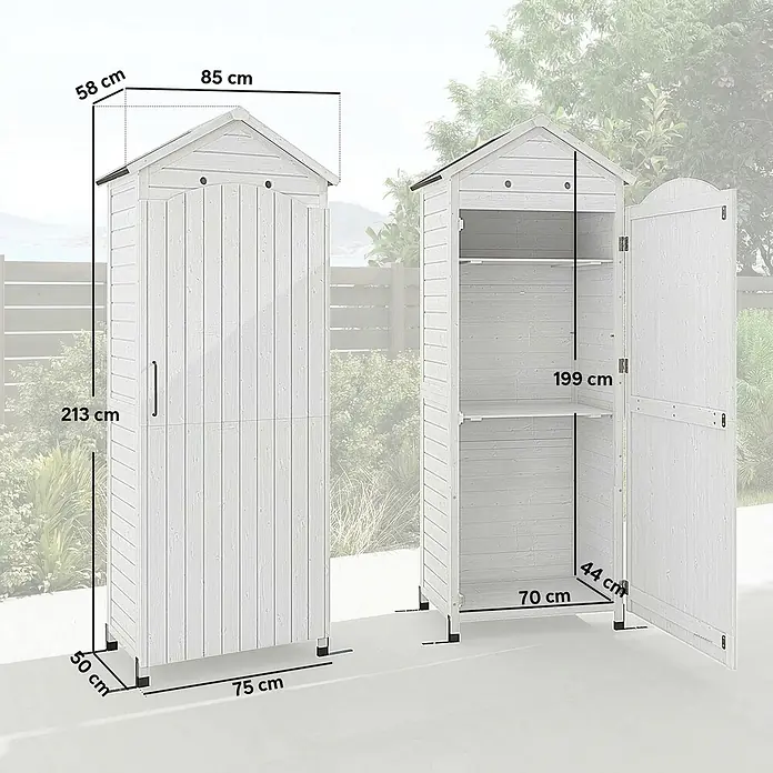 Outsunny Geräteschrank - Außenbreite inkl. Dachüberstand: 85 cm, Außentiefe inkl. Dachüberstand: 58 cm, Holz, Weiß - Weißer Holz-Gartenschuppen mit Giebeldach, geschlossen und geöffnet mit Innenregalen, Außenmaße (213x75x50 cm).