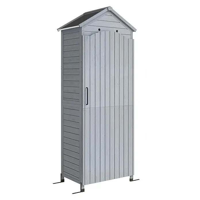 Outsunny Geräteschrank - Außenbreite inkl. Dachüberstand: 85 cm, Außentiefe inkl. Dachüberstand: 58 cm, Holz, Grau - Hoher, hellgrauer Gartenschrank aus Holz mit dunklem Spitzdach und schwarzem Griff.