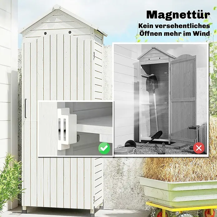 Outsunny Geräteschrank - Außenbreite inkl. Dachüberstand: 85 cm, Außentiefe inkl. Dachüberstand: 58 cm, Holz, Weiß - Weißer Holz-Gartenschuppen mit Magnettür, die versehentliches Öffnen verhindert. Eine Nahaufnahme zeigt den sicheren Verschluss.