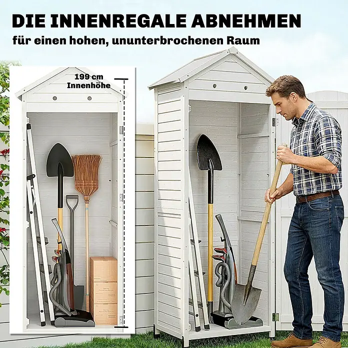 Outsunny Geräteschrank - Außenbreite inkl. Dachüberstand: 85 cm, Außentiefe inkl. Dachüberstand: 58 cm, Holz, Weiß - Weißer Geräteschuppen, Mann verstaut Schaufel, zeigt 199 cm Innenhöhe und flexiblen Platz für lange Geräte.