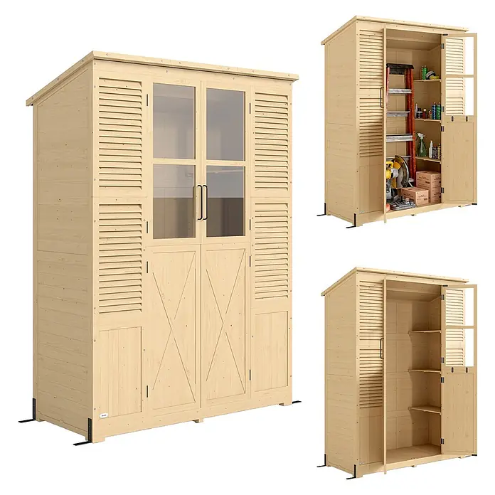 Outsunny Geräteschrank -  - Heller Holzschuppen mit mehreren Fächern, Lamellen- und Glastüren, mit verstellbaren Regalen und Platz für Werkzeuge.