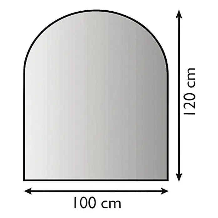 Lienbacher Ofenblech - 100 x 120 cm, Anthrazit, Gebogen - Abbildung eines Spiegels mit abgerundeter Oberseite und den Maßen 120 cm Höhe und 100 cm Breite zur Größenorientierung.