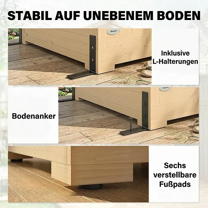 Outsunny Geräteschrank -  - Heller Holzkasten mit schwarzen L-Halterungen, Bodenankern und verstellbaren Fußpads für Stabilität.