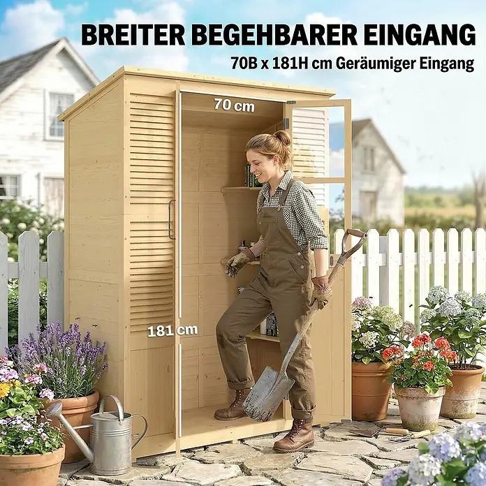 Outsunny Geräteschrank -  - Geräumiger Holz-Gartenschrank mit 70x181cm begehbarem Eingang. Eine Frau steht darin und zeigt die Kapazität für Gartengeräte.