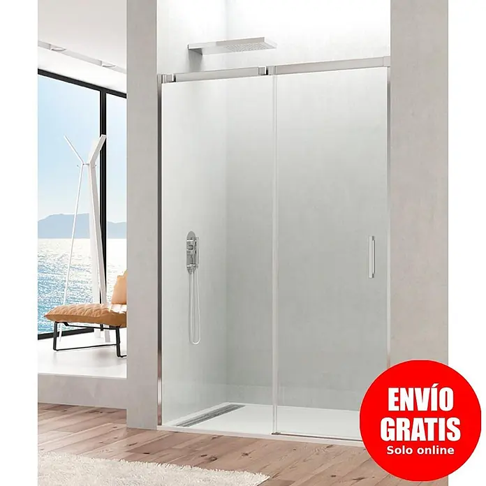 GME Mampara de ducha frontal Temple - 125 x 195 cm, Espesor de vidrio: 6 mm, Plata brillo - Mampara de ducha moderna con puertas correderas de cristal transparente y marco cromado, en un baño luminoso con vistas al mar.