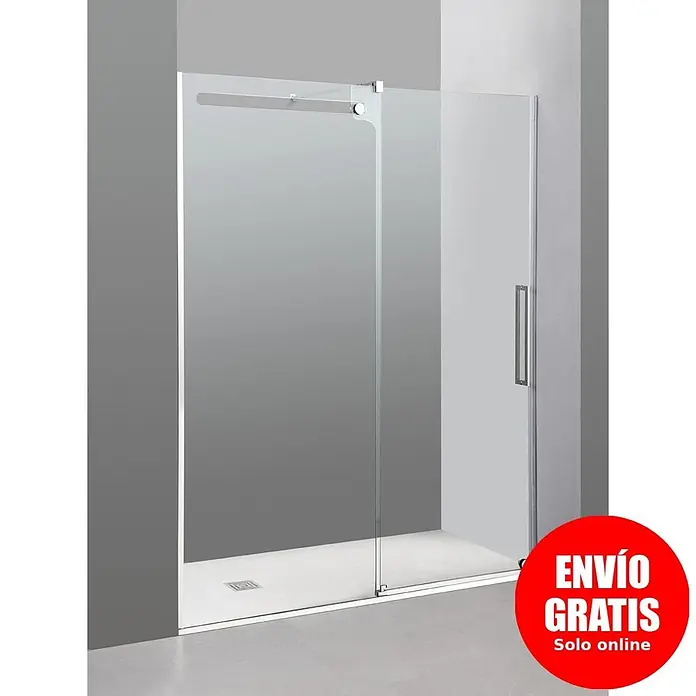 GME Mampara de ducha frontal Vetrum - 175 x 201 cm, Espesor de vidrio: 10 mm, Cromo - Mampara de ducha de cristal moderna con panel fijo y puerta corredera, barra de soporte y tirador cromados.