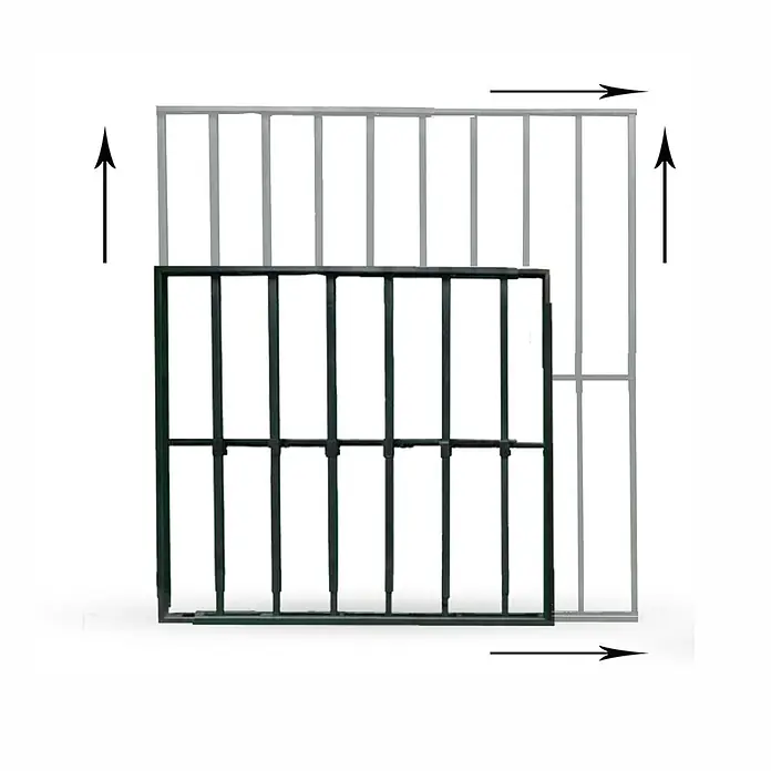 Adaptta Fenstergitter ausziehbar 55×55–100×100 cm, schwarz - Montage Fenstergitter: Fensterrahmenmontage - Ausziehbares Metallschutzgitter in Dunkelgrün und Hellgrau, zeigt Aufwärts- und Seitenbewegung.