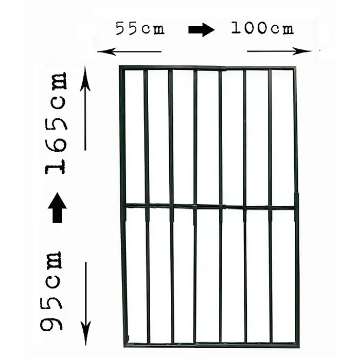 Adaptta Fenstergitter ausziehbar 55×95–100×165 cm, schwarz - Montage Fenstergitter: Fensterrahmenmontage - Dunkles Metallgitterelement, 155x260cm, mit vertikalen Stäben und zwei Querstreben, Maße sind eingezeichnet.