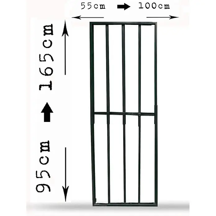 Adaptta Fenstergitter ausziehbar 55×95–100×165 cm, schwarz - Montage Fenstergitter: Fensterrahmenmontage - Dunkelgrünes Metallgitter mit vertikalen Stäben und horizontaler Mittelstrebe, Maße (B: 55-100cm, H: 95-165cm).