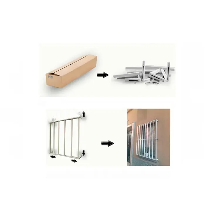 Adaptta Fenstergitter ausziehbar 55×95–100×165 cm, schwarz - Montage Fenstergitter: Fensterrahmenmontage - Weißes Metallfenstergitter als Bausatz, montiert und an einem Gebäudefenster installiert.