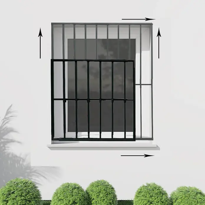 Adaptta Fenstergitter ausziehbar 55×55–100×100 cm, schwarz - Montage Fenstergitter: Fensterrahmenmontage - Zwei dunkle Metall-Fenstergitter, eines feststehend, eines verschiebbar.