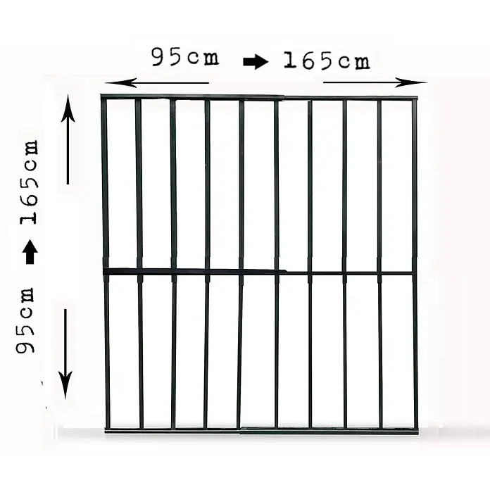 Adaptta Fenstergitter ausziehbar 95×95–165×165 cm, schwarz - Montage Fenstergitter: Fensterrahmenmontage - Dunkelgrünes Metallgitter-Zaunfeld, 260x260cm, mit vertikalen und horizontalen Stäben.