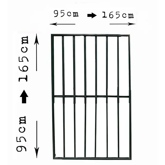 Adaptta Fenstergitter ausziehbar 95×95–165×165 cm, schwarz - Montage Fenstergitter: Fensterrahmenmontage - Dunkelgrünes Metall-Sicherheitstor mit vertikalen Stäben und einer horizontalen Mittelstrebe. Einstellbare Breite 95-165cm, Höhe 165cm.
