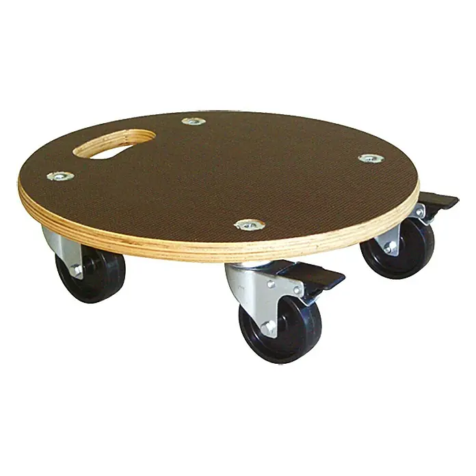 Wagner System Pflanzenroller XXL Grip - 38 cm, Max. Belastung: 250 kg - Rollbrett mit runder, brauner Holzplatte, einem Griffloch und drei schwarzen Rollen zum einfachen Transport von Gegenständen.