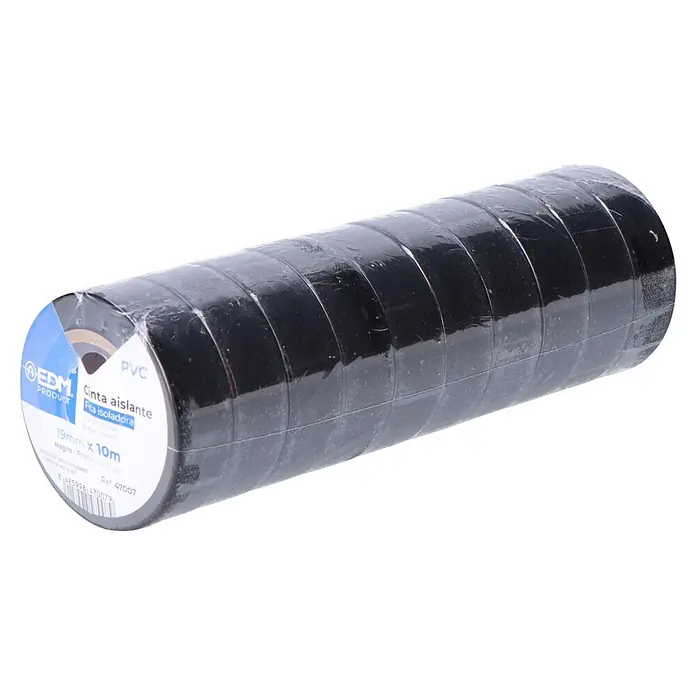 Juego de cinta aislante de 10 unidades - 19 mm x 10 m, 10 ud., Negro - Paquete de rollos de cinta aislante eléctrica de PVC negra.