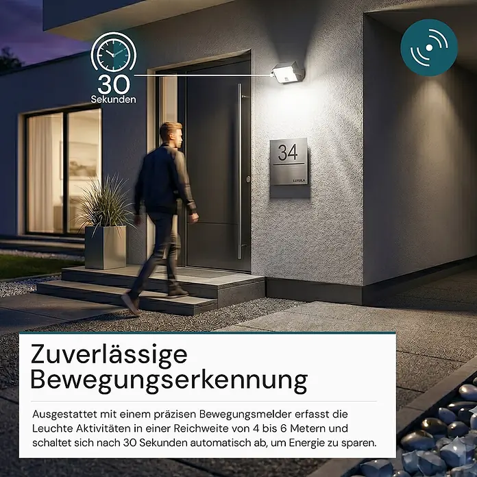 Luxula Solar-LED-Strahler - 6.500 K, 800 lm, 15,2 x 12,1 x 5,9 cm, IP65 - Weiße/silberne Wandleuchte mit Bewegungsmelder beleuchtet Hauseingang, schaltet nach 30 Sekunden automatisch ab.