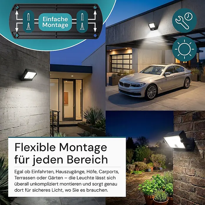 Luxula Solar-LED-Strahler - 6.500 K, 800 lm, 15,2 x 12,1 x 5,9 cm, IP65 - Dunkelgraue Outdoor-LED-Wandleuchte, die Hauseingang, Einfahrt und Garten beleuchtet, mit einfacher Montage gezeigt.