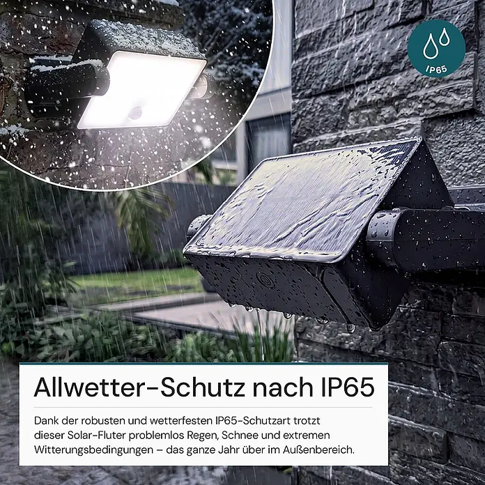 Luxula Solar-LED-Strahler - 6.500 K, 800 lm, 15,2 x 12,1 x 5,9 cm, IP65 - Dunkler Solar-Fluter außen montiert, wasserdicht und wetterfest bei Regen und Schnee.